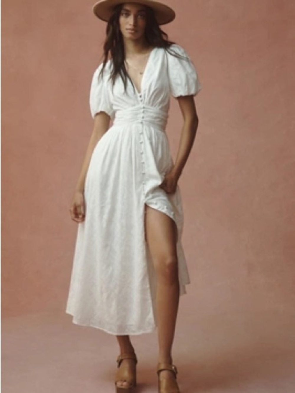 Anthropologie White Puff Sleeve Button-Front Midi Dress